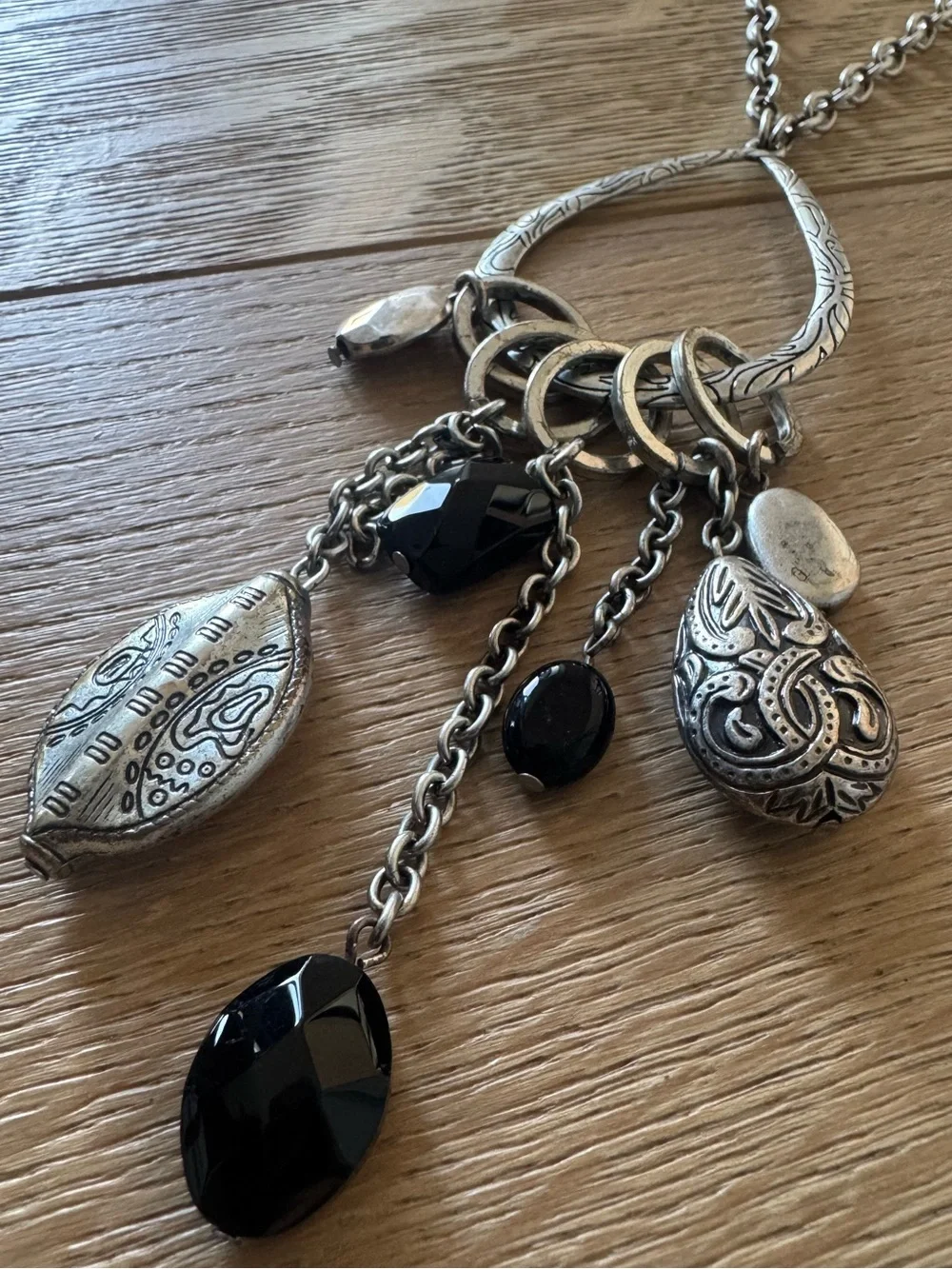 Boho Chic Silver & Onyx Statement Tear Drop Loop Pendant Necklace